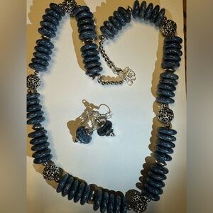 Handmade beaded blue sodalite and silver necklace earrings set